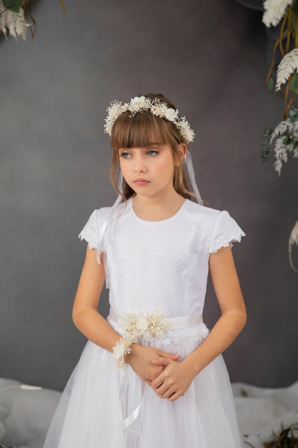 First Communion Flower Crown Set: Ivory Hair Wreath, Bracelet & Belt – handmade floral hair accessory by magaela