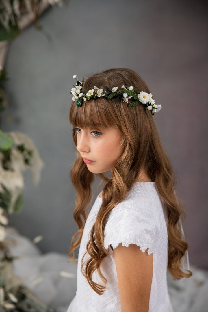 First Communion Flower Tiara: Greenery Elf Hair Crown – handmade floral hair accessory by magaela