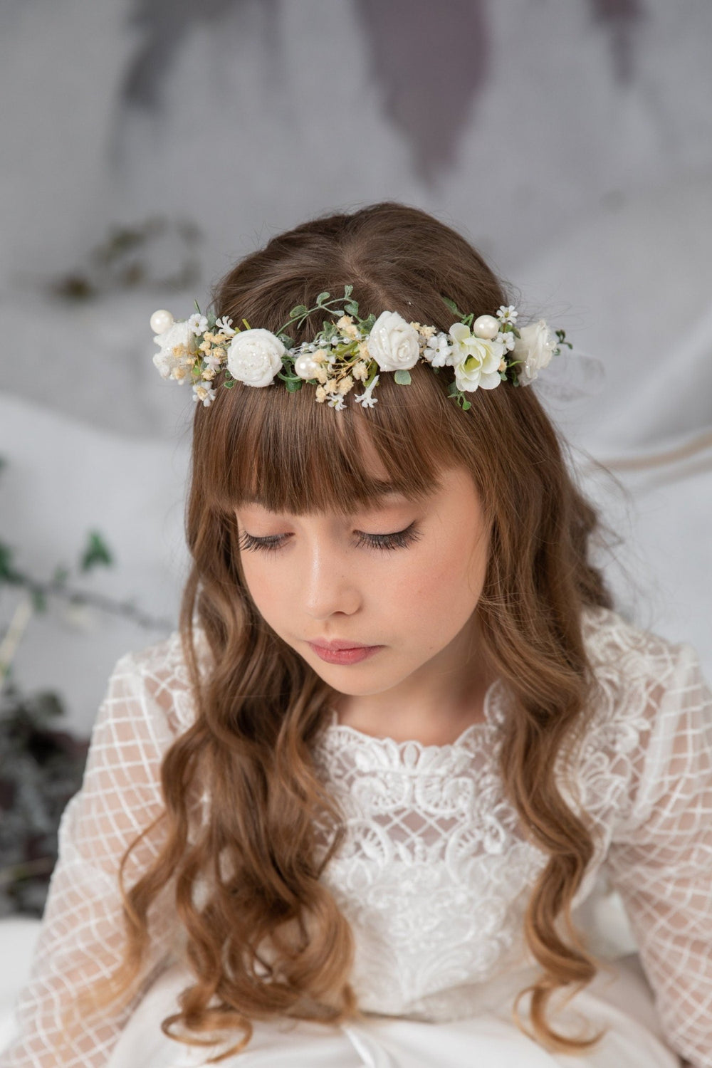 First Communion Flower Crown: White Rose Hair Wreath – handmade floral hair accessory by magaela