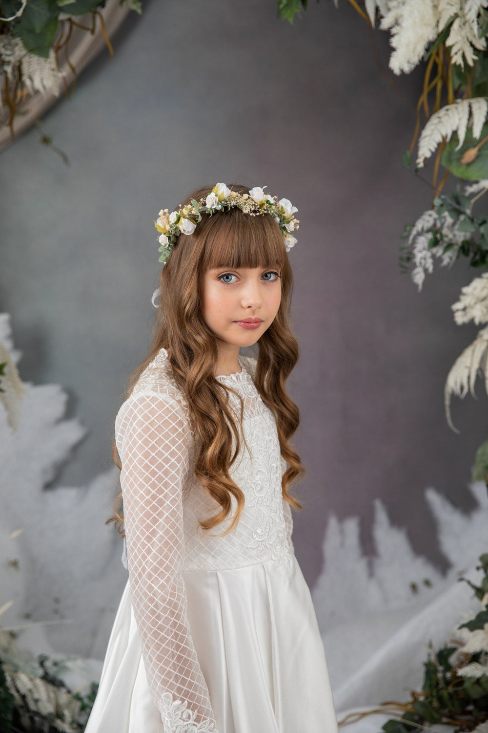 White Rose & Pearl Communion Crown: Flower Girl Hair Wreath – handmade floral hair accessory by magaela
