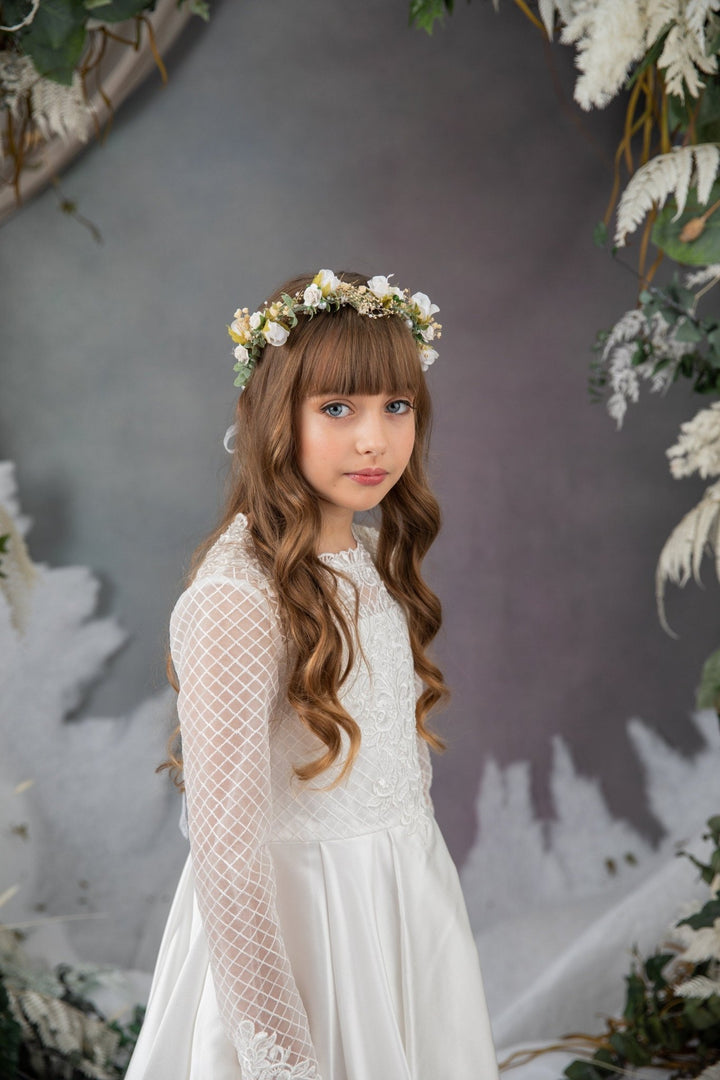 White Rose & Pearl Communion Crown: Flower Girl Hair Wreath – handmade floral hair accessory by magaela