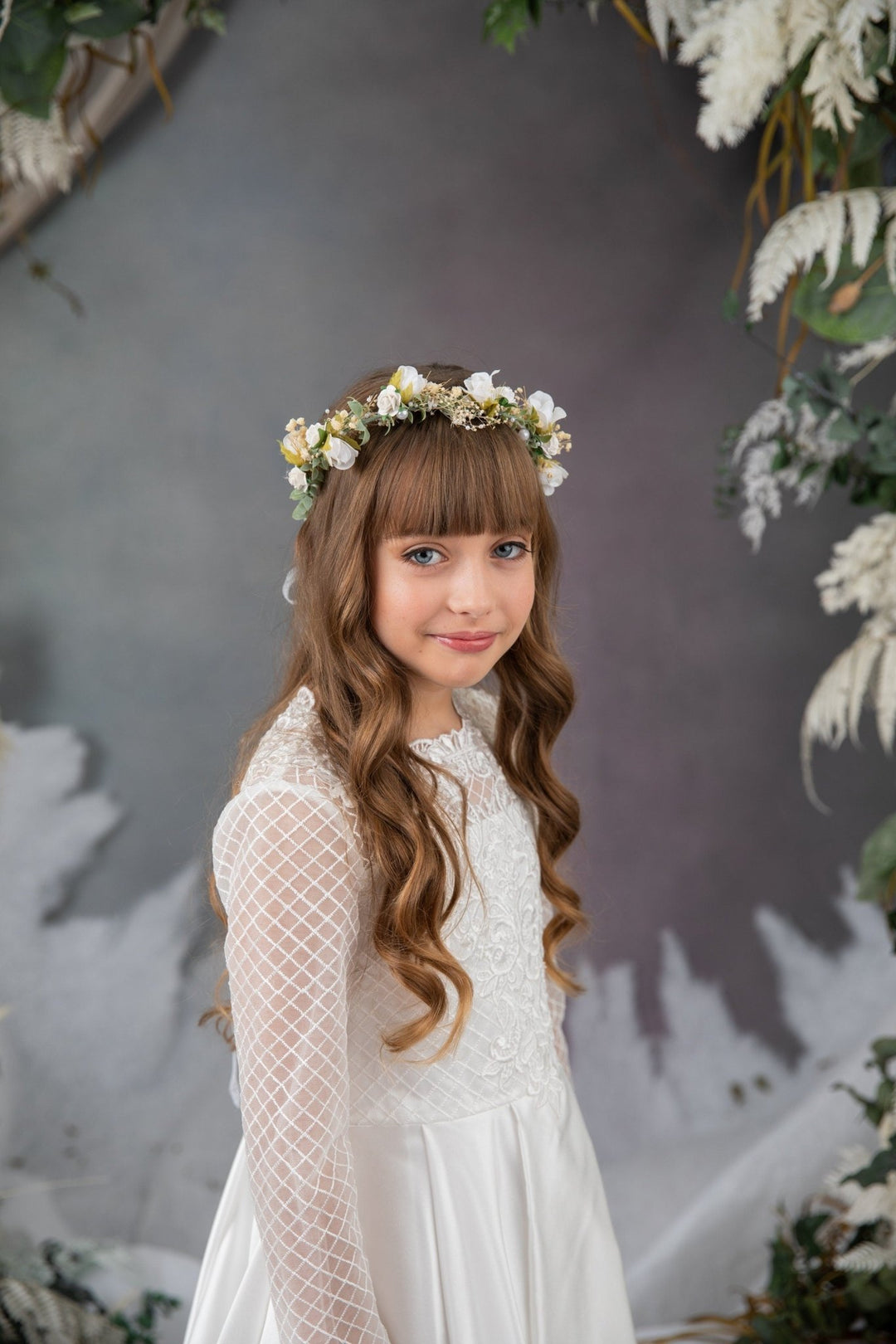 White Rose & Pearl Communion Crown: Flower Girl Hair Wreath – handmade floral hair accessory by magaela
