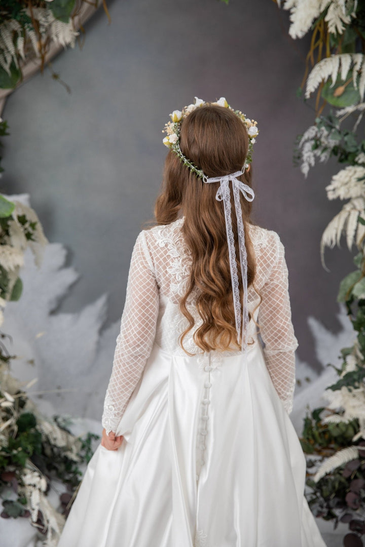White Rose & Pearl Communion Crown: Flower Girl Hair Wreath – handmade floral hair accessory by magaela