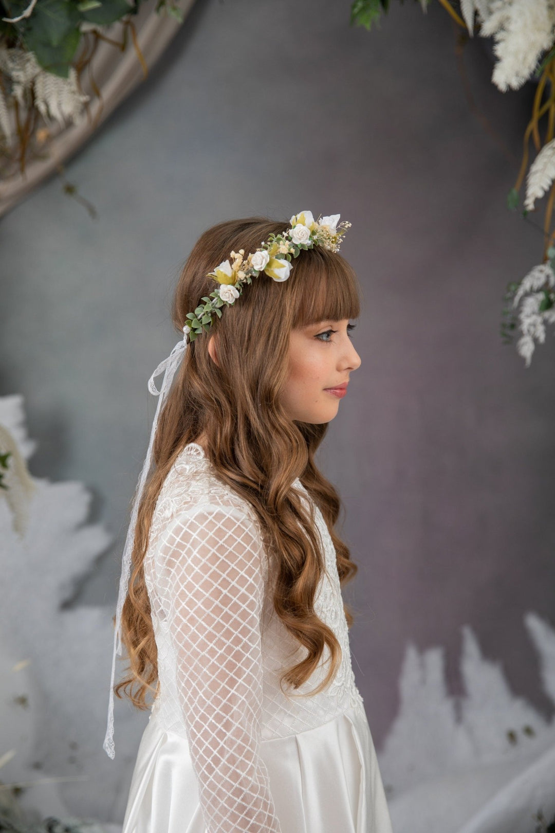 White Rose & Pearl Communion Crown: Flower Girl Hair Wreath – handmade floral hair accessory by magaela