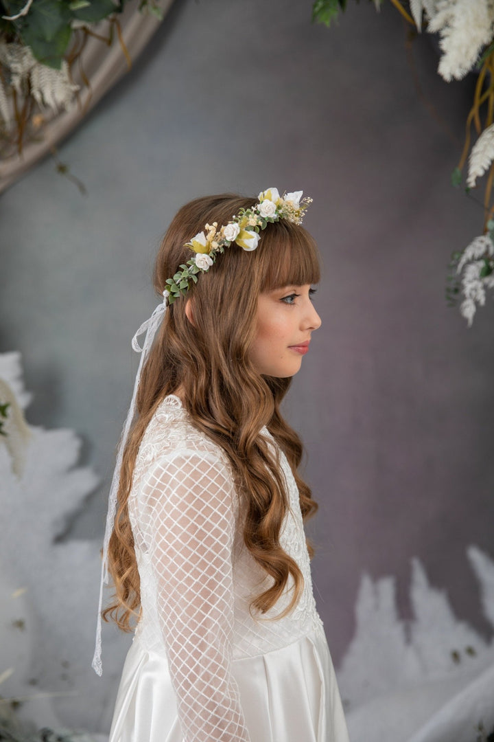 White Rose & Pearl Communion Crown: Flower Girl Hair Wreath – handmade floral hair accessory by magaela