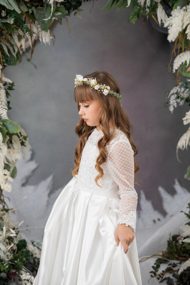 White Rose & Pearl Communion Crown: Flower Girl Hair Wreath – handmade floral hair accessory by magaela