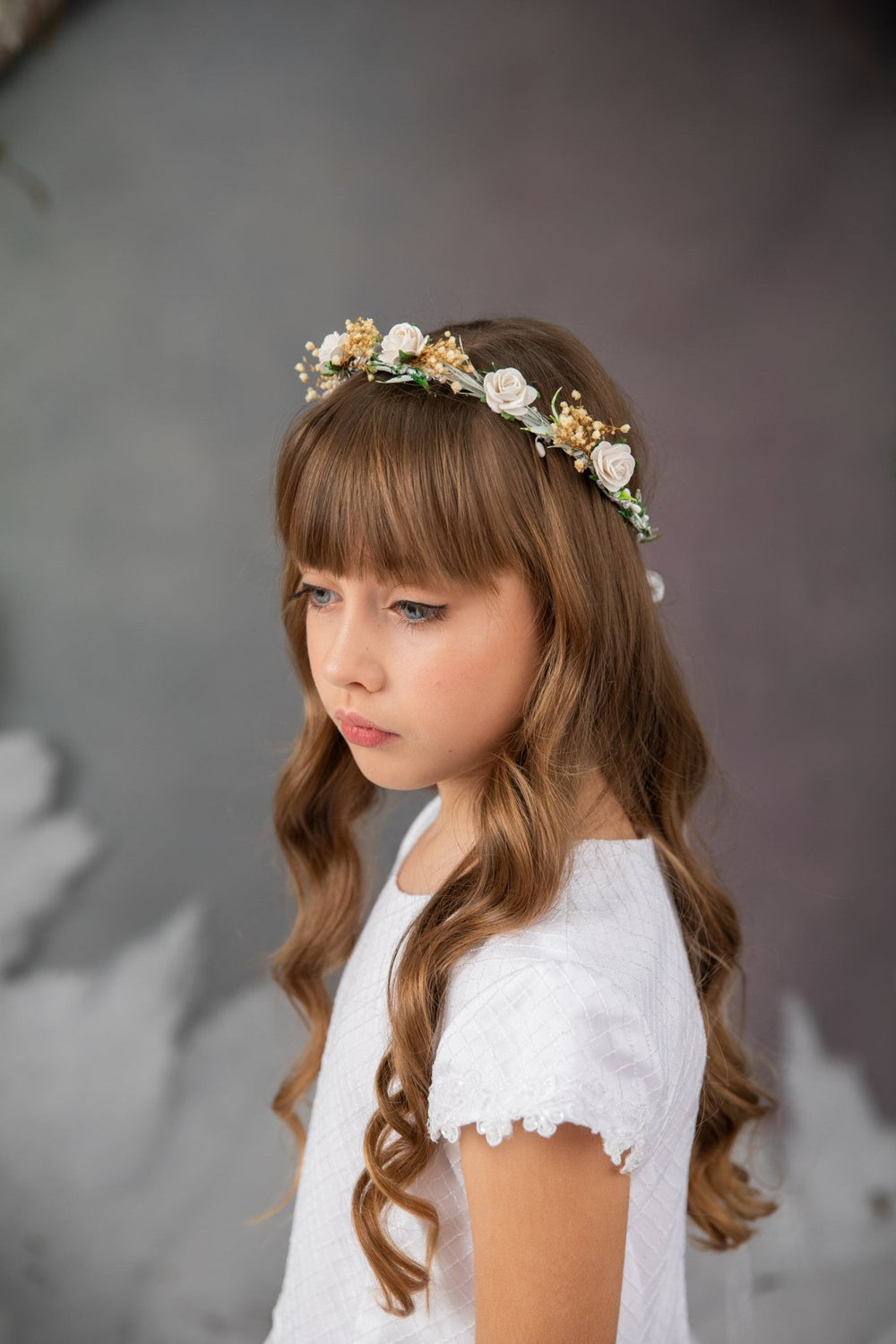 First Communion White Rose Wreath: Flower Girl Headpiece – handmade floral hair accessory by magaela