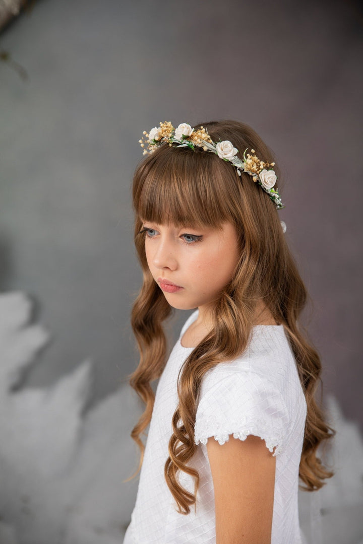 First Communion White Rose Wreath: Flower Girl Headpiece – handmade floral hair accessory by magaela