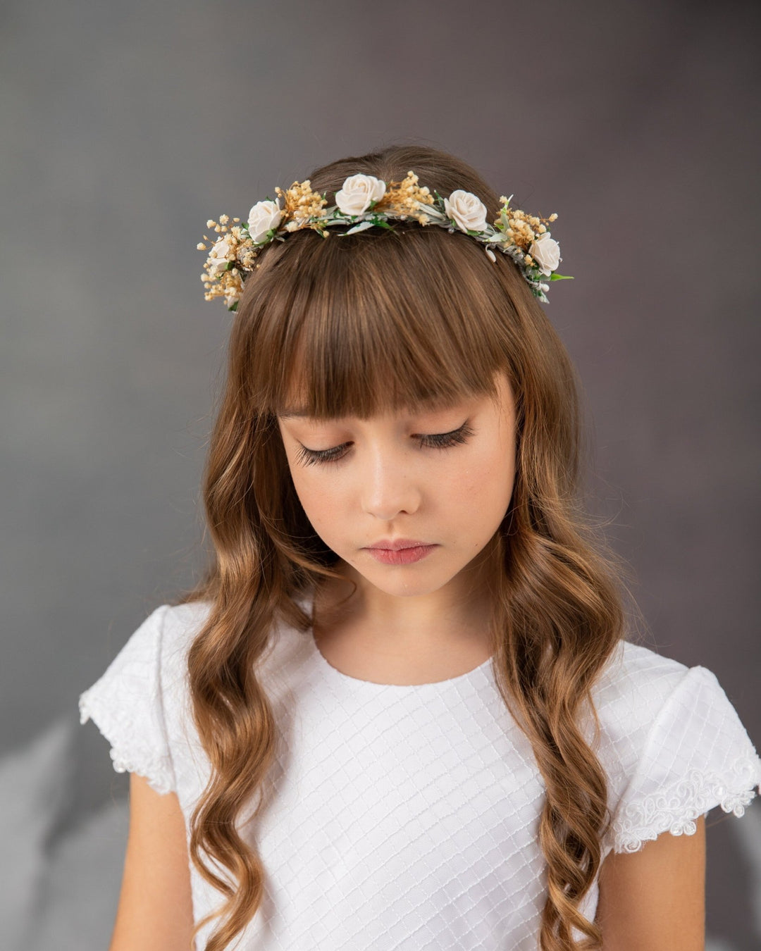 First Communion White Rose Wreath: Flower Girl Headpiece – handmade floral hair accessory by magaela