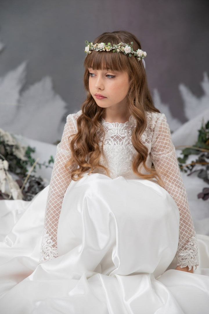 White Rose Communion Hair Wreath: Flower Girl Headband – handmade floral hair accessory by magaela