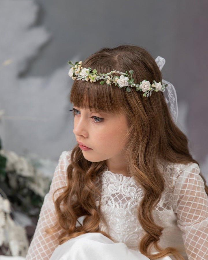 White Rose Communion Hair Wreath: Flower Girl Headband – handmade floral hair accessory by magaela
