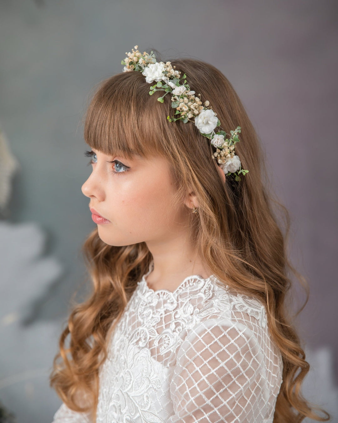 First Communion Flower Crown: White Floral Hair Wreath & Bracelet – handmade floral hair accessory by magaela