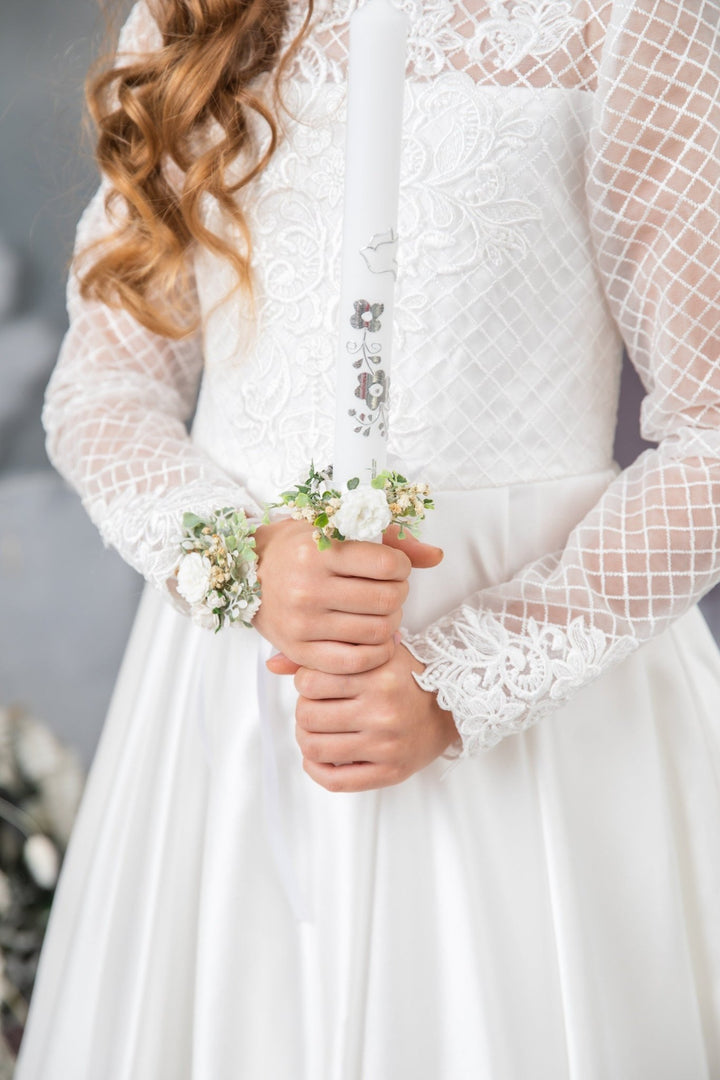 First Communion Flower Crown: White Floral Hair Wreath & Bracelet – handmade floral hair accessory by magaela