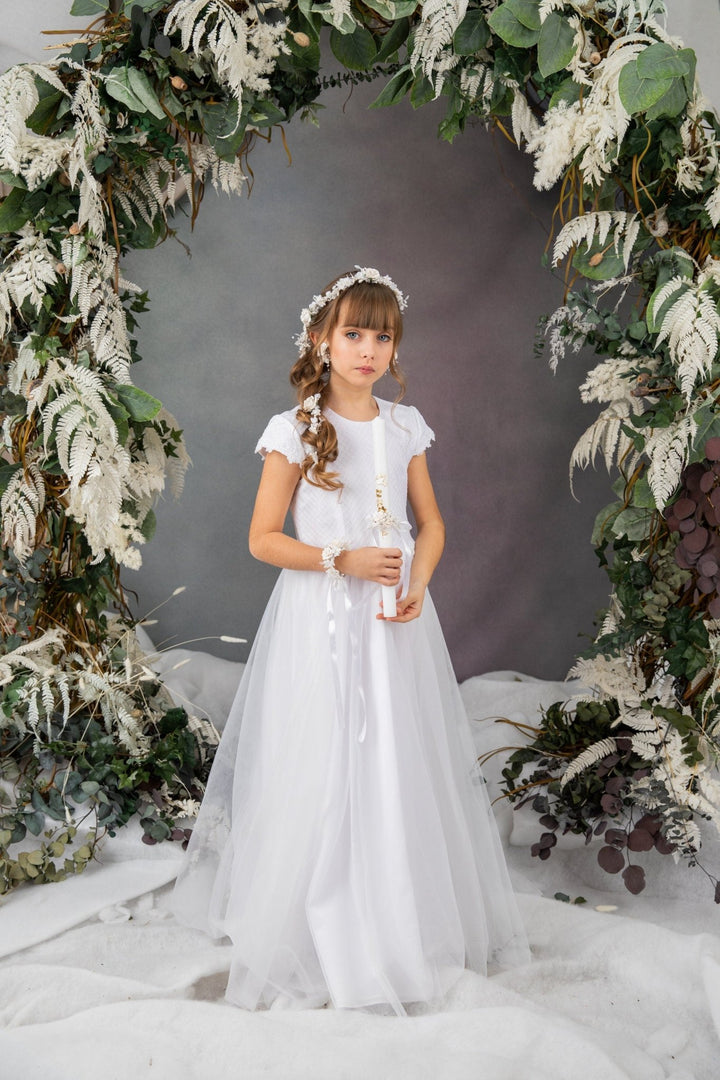 Communion Flower Accessories Set: Garland, Bracelet, Earrings, Candle Decor – handmade floral hair accessory by magaela