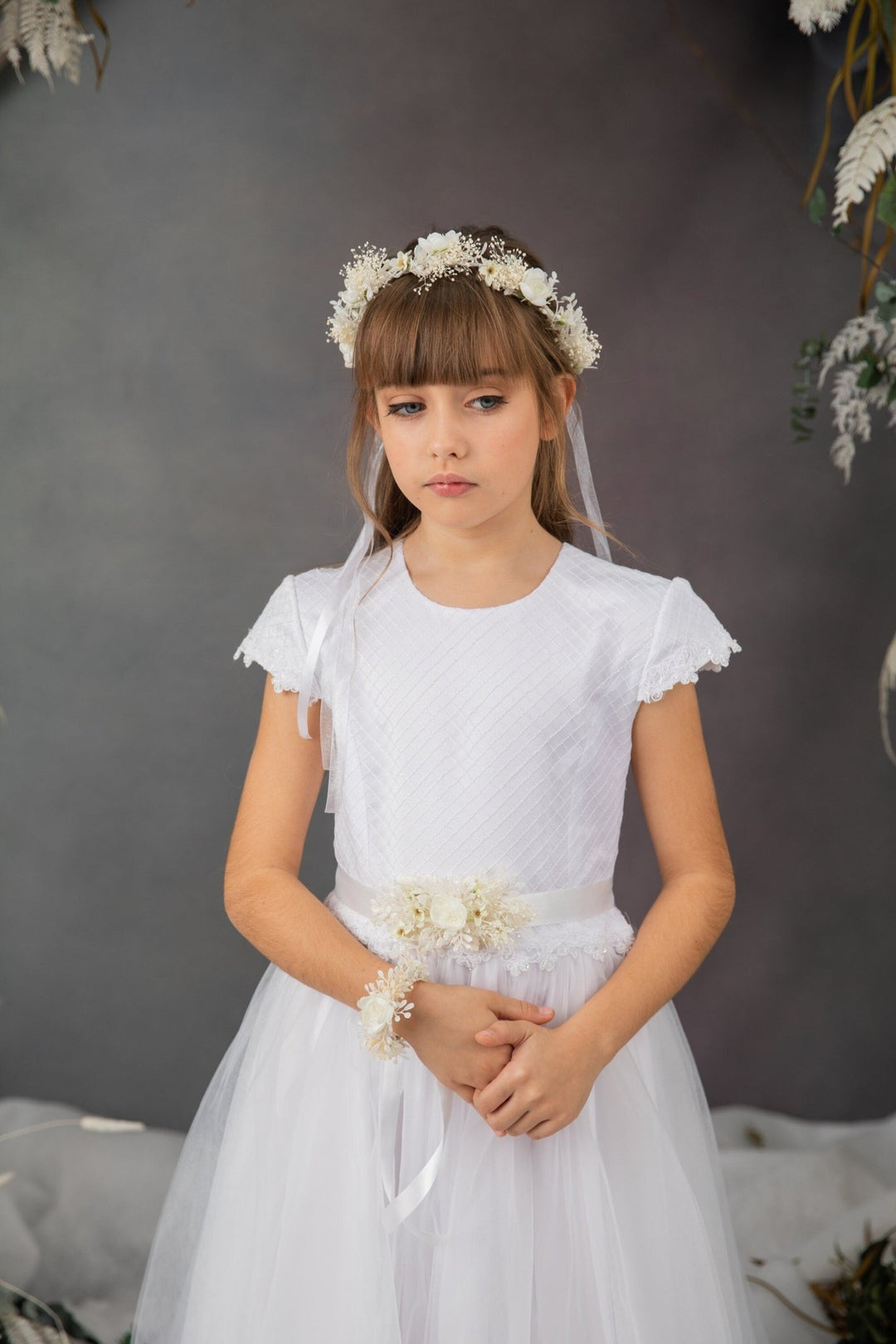 First Communion Flower Crown Set: Ivory Hair Wreath, Bracelet & Belt – handmade floral hair accessory by magaela