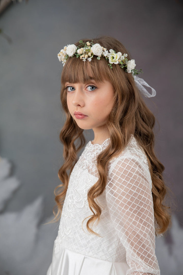 First Communion Flower Crown: White Rose Hair Wreath – handmade floral hair accessory by magaela