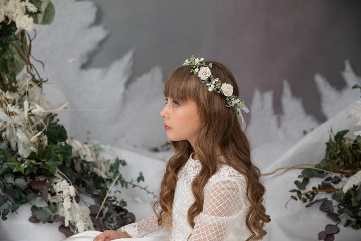 White Rose Flower Crown: First Communion Hair Wreath – handmade floral hair accessory by magaela