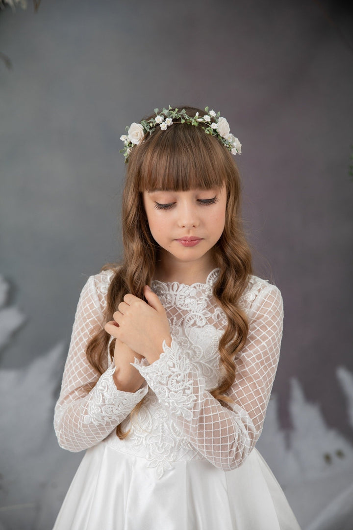 White Rose Flower Crown: First Communion Hair Wreath – handmade floral hair accessory by magaela