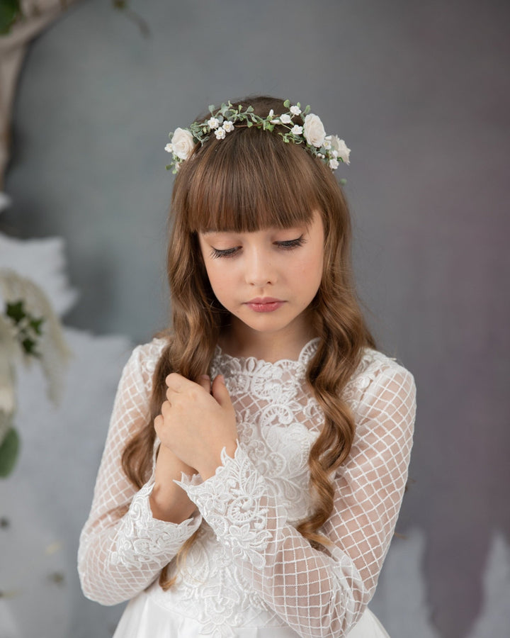 White Rose Flower Crown: First Communion Hair Wreath – handmade floral hair accessory by magaela