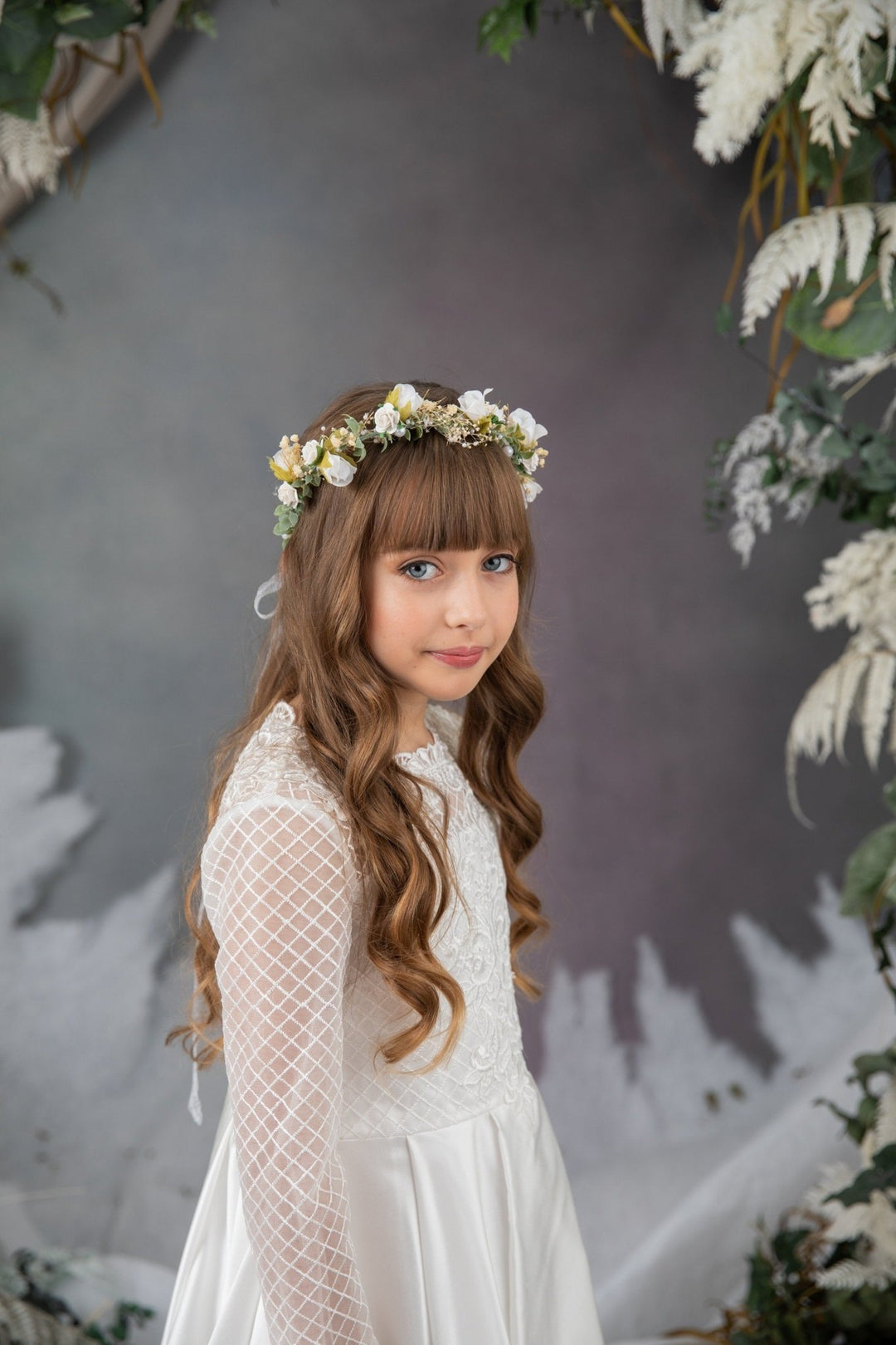 White Rose & Pearl Communion Crown: Flower Girl Hair Wreath – handmade floral hair accessory by magaela