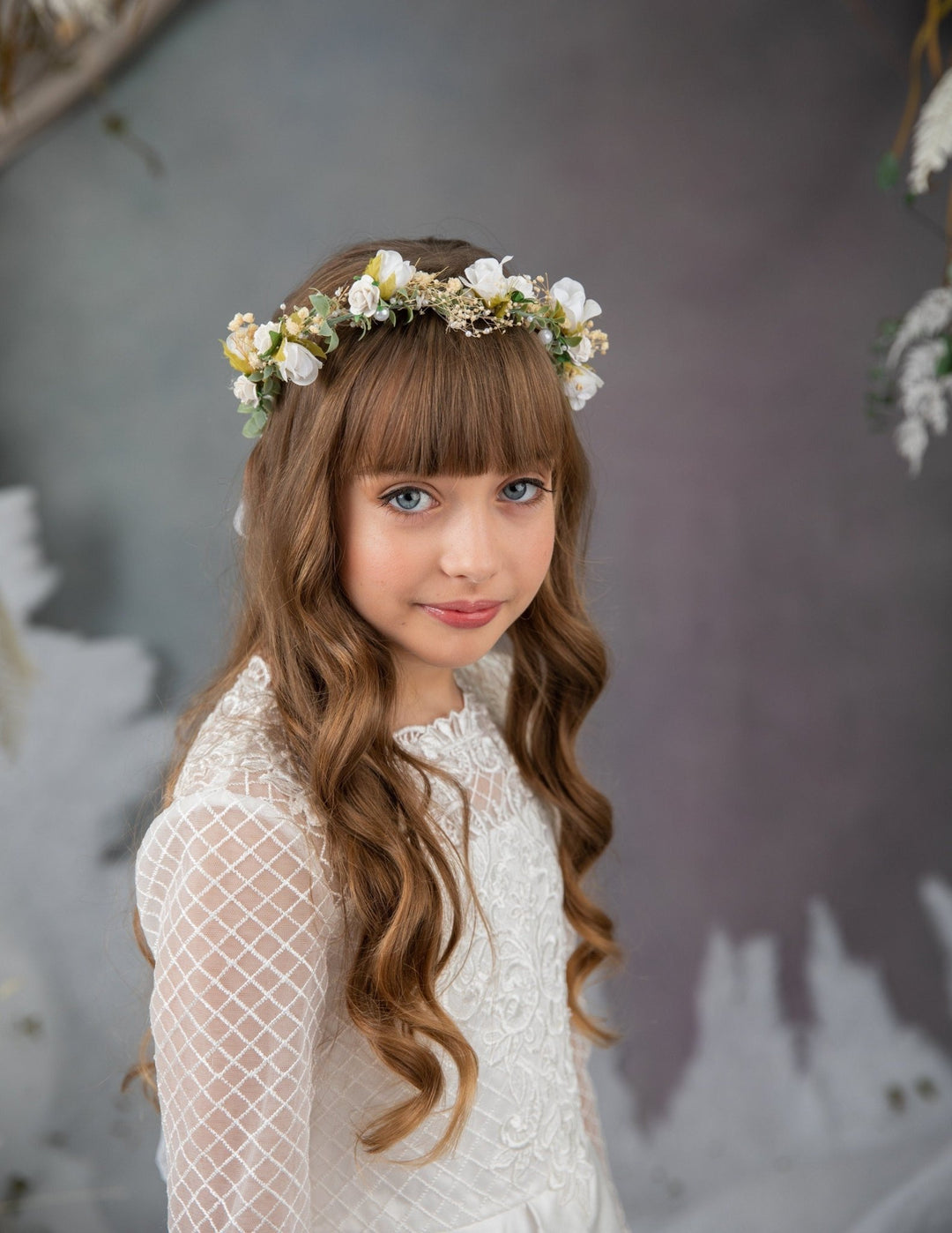 White Rose & Pearl Communion Crown: Flower Girl Hair Wreath – handmade floral hair accessory by magaela