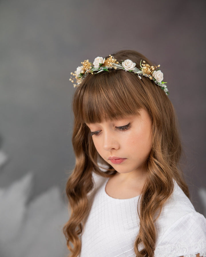 First Communion White Rose Wreath: Flower Girl Headpiece – handmade floral hair accessory by magaela