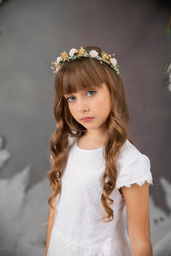 First Communion White Rose Wreath: Flower Girl Headpiece – handmade floral hair accessory by magaela