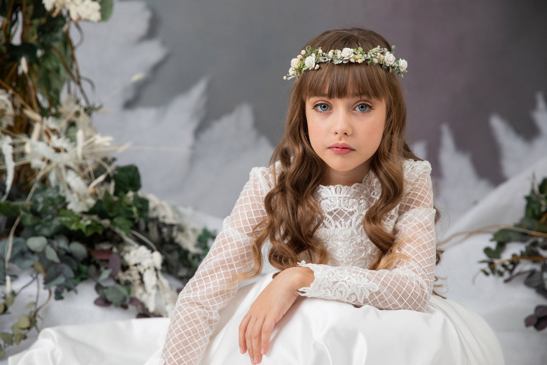 White Rose Communion Hair Wreath: Flower Girl Headband – handmade floral hair accessory by magaela