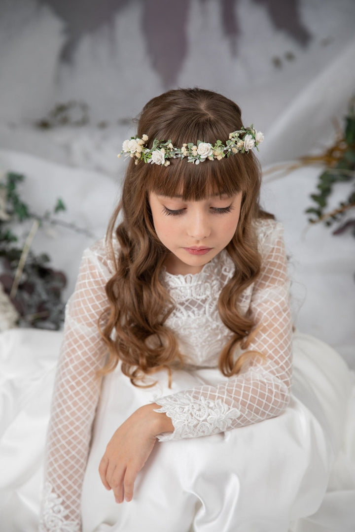 White Rose Communion Hair Wreath: Flower Girl Headband – handmade floral hair accessory by magaela