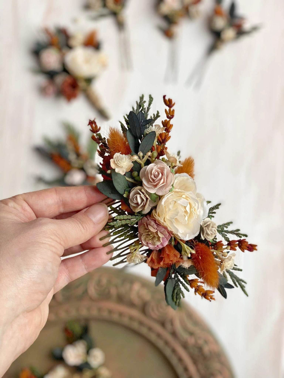 Terracotta Wedding Flower Set: Bridal Hair Comb & Boutonniere – handmade floral hair accessory by magaela