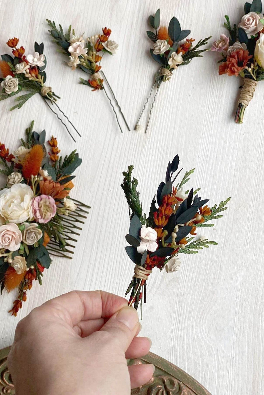Terracotta Wedding Flower Set: Bridal Hair Comb & Boutonniere – handmade floral hair accessory by magaela