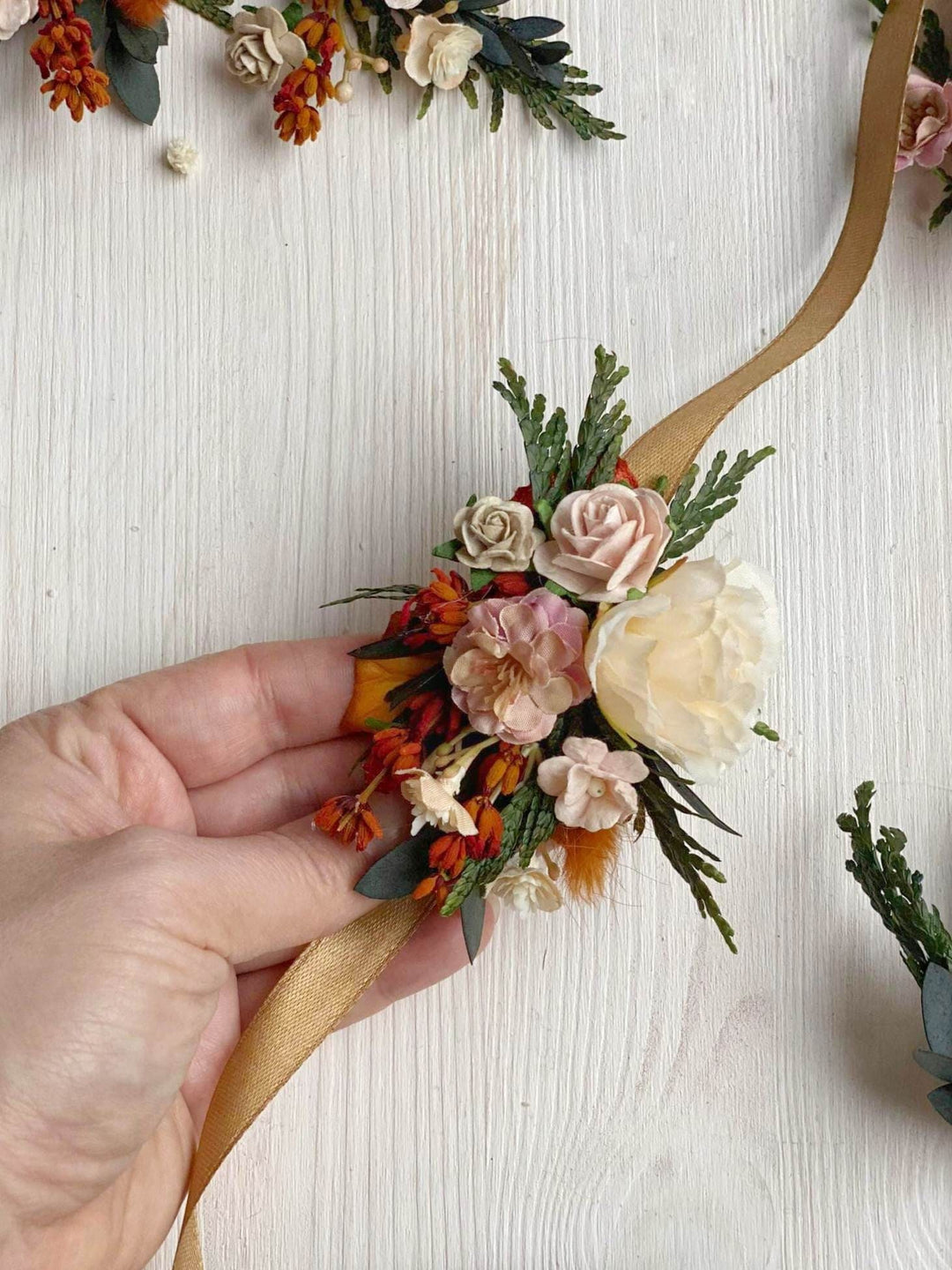 Terracotta Wedding Flower Set: Bridal Hair Comb & Boutonniere – handmade floral hair accessory by magaela