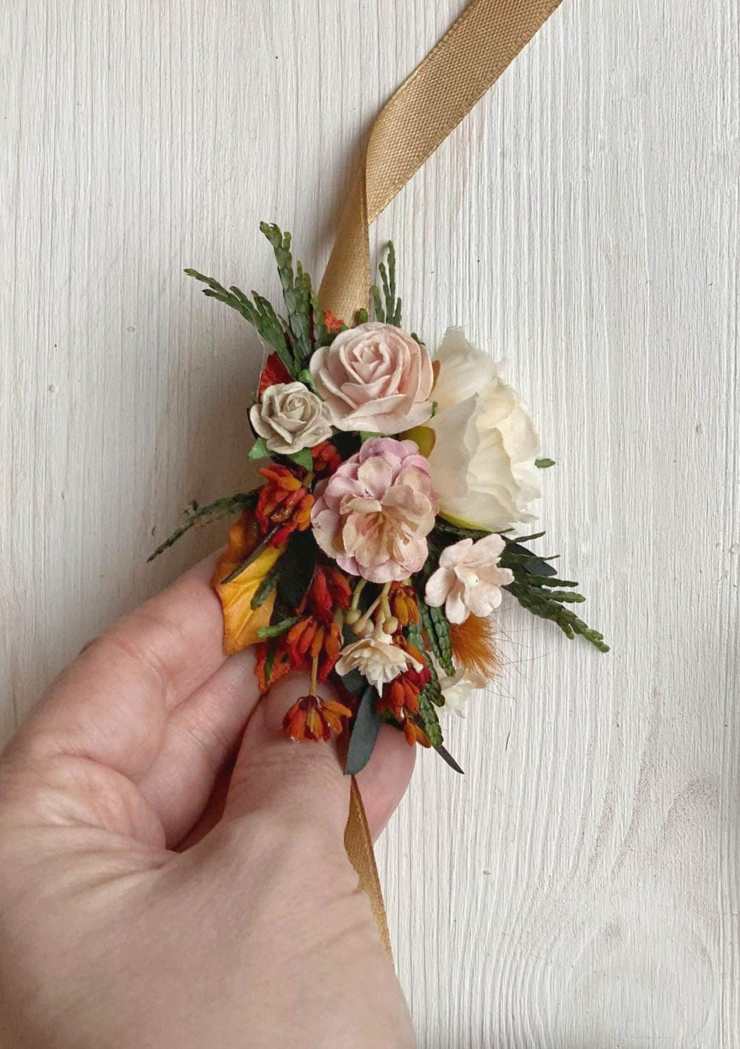 Terracotta Wedding Flower Set: Bridal Hair Comb & Boutonniere – handmade floral hair accessory by magaela