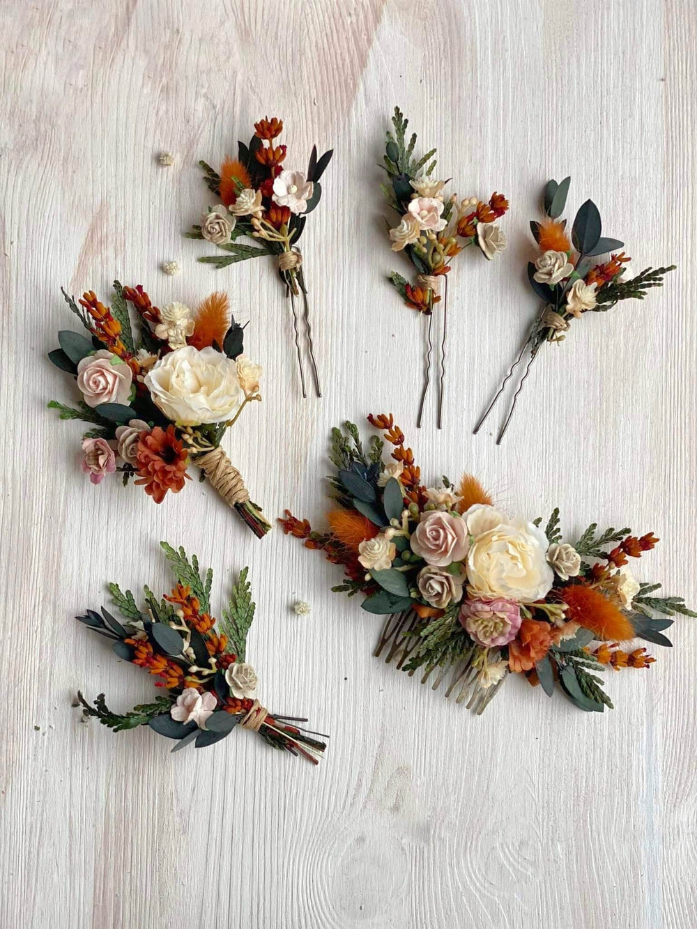 Terracotta Wedding Flower Set: Bridal Hair Comb & Boutonniere – handmade floral hair accessory by magaela