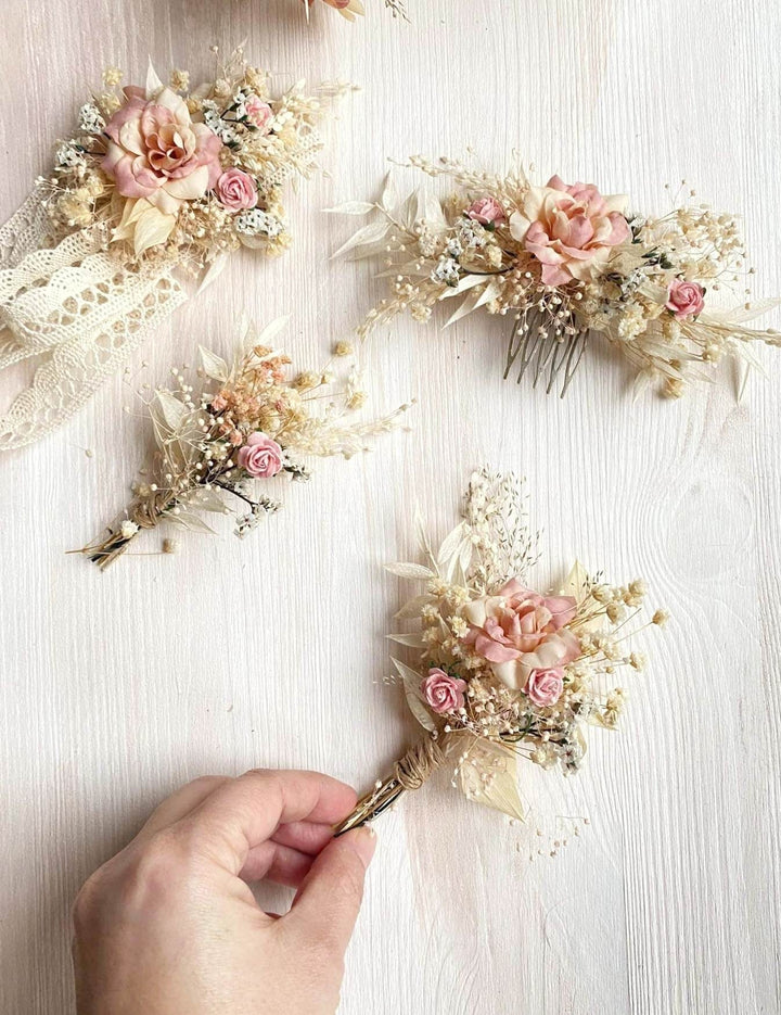 Rustic Wedding Flower Set: Bridal Hair Crown, Dusty Pink Hair Comb – handmade floral hair accessory by magaela