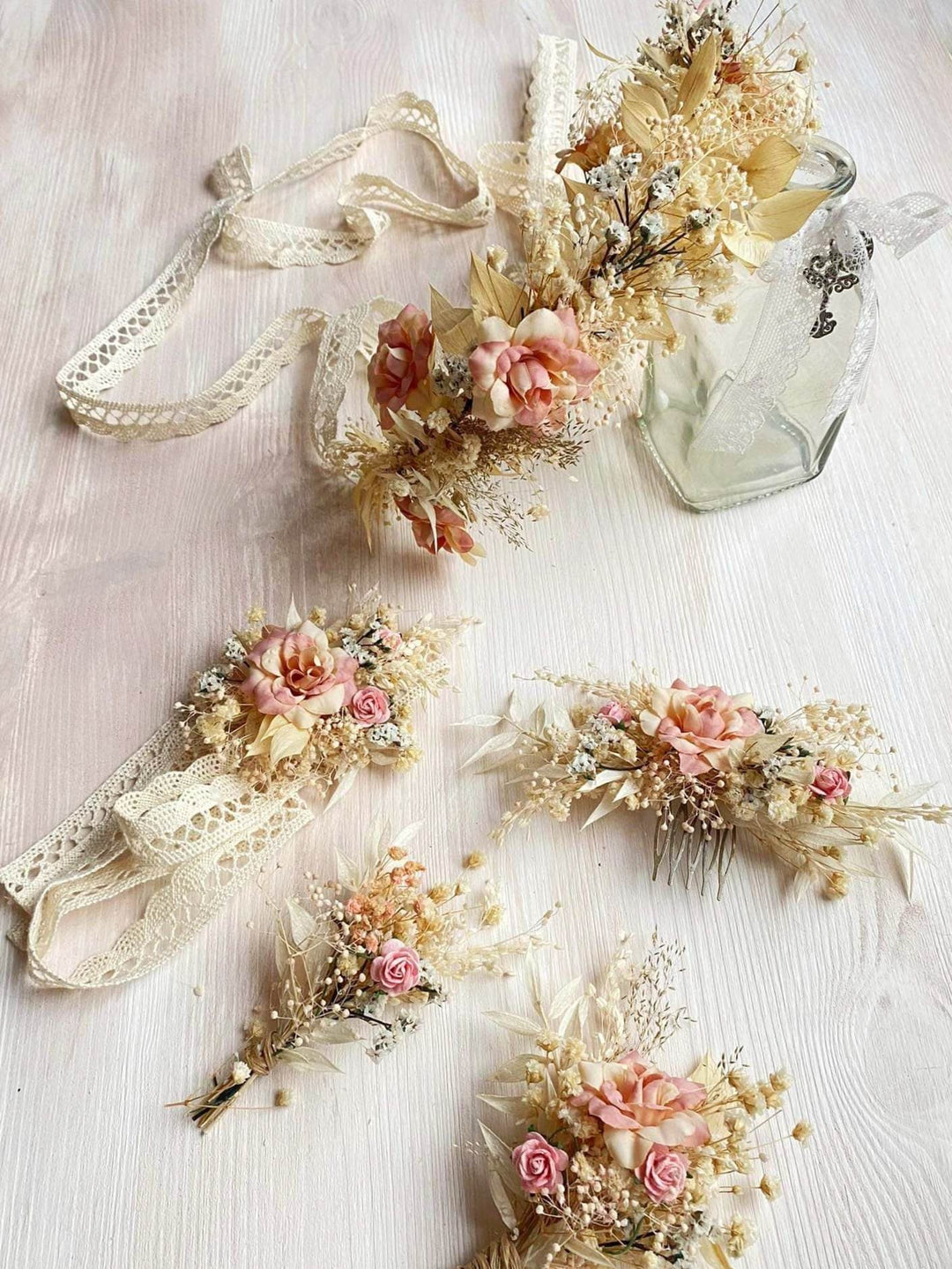 Rustic Wedding Flower Set: Bridal Hair Crown, Dusty Pink Hair Comb – handmade floral hair accessory by magaela