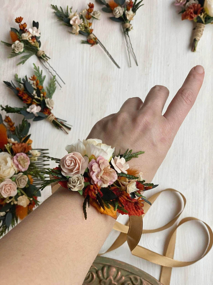 Autumn Wedding Boutonniere: Burnt Orange & Ivory, Terracotta Groomsmen Lapel – handmade floral hair accessory by magaela