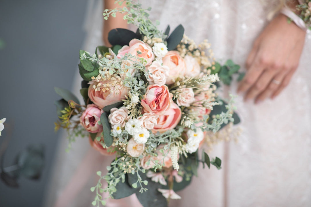 Blush Pink Peony Bridal Bouquet: Eucalyptus Wedding Accessory – handmade floral hair accessory by magaela