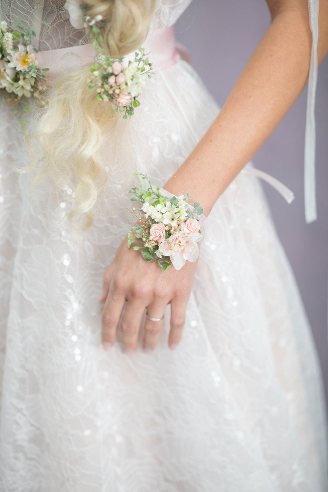Blush Rose Wedding Corsage: Romantic Flower Bracelet with Ribbon – handmade floral hair accessory by magaela