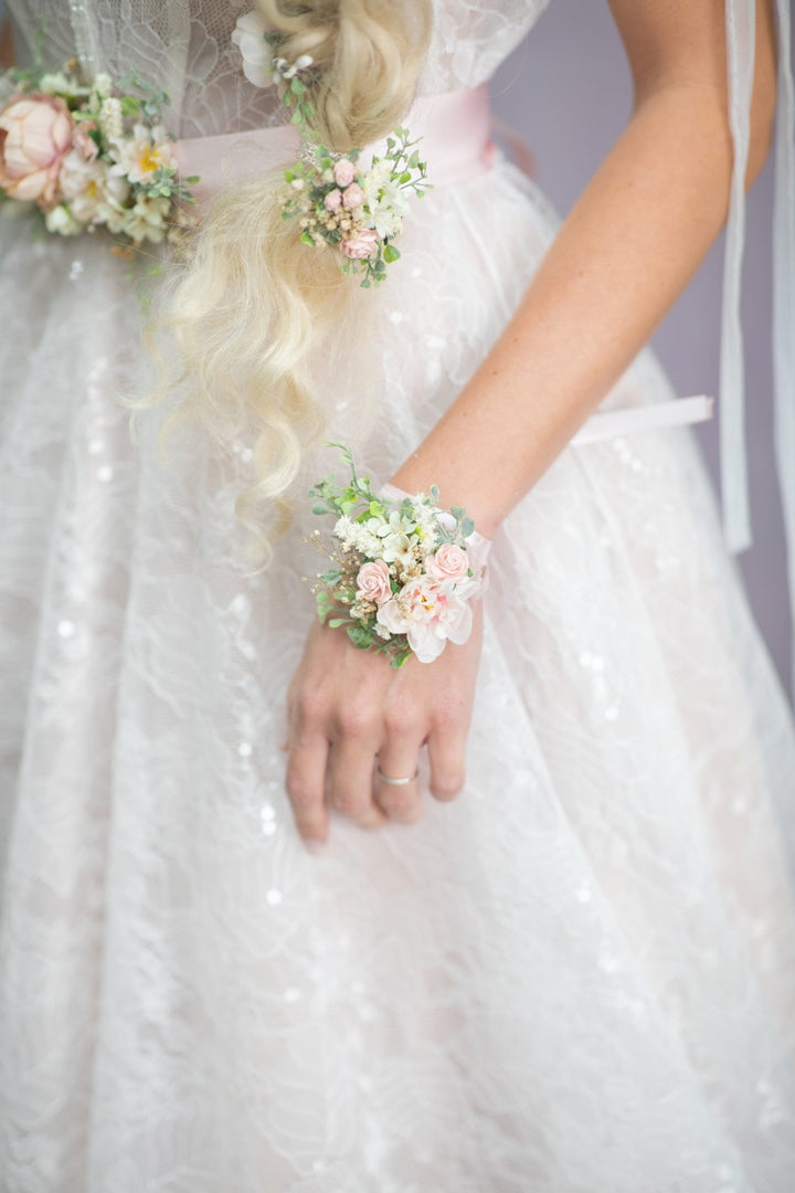 Blush Rose Wedding Corsage: Romantic Flower Bracelet with Ribbon – handmade floral hair accessory by magaela