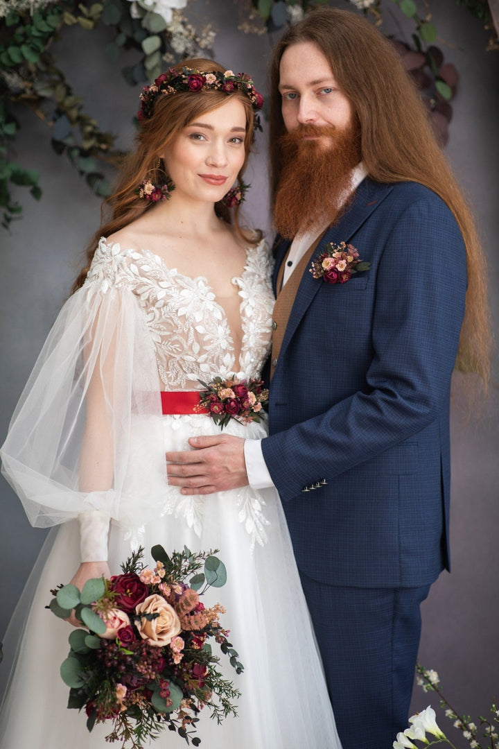 Burgundy Pink Flower Boutonniere: Handmade Groom Wedding Corsage – handmade floral hair accessory by magaela