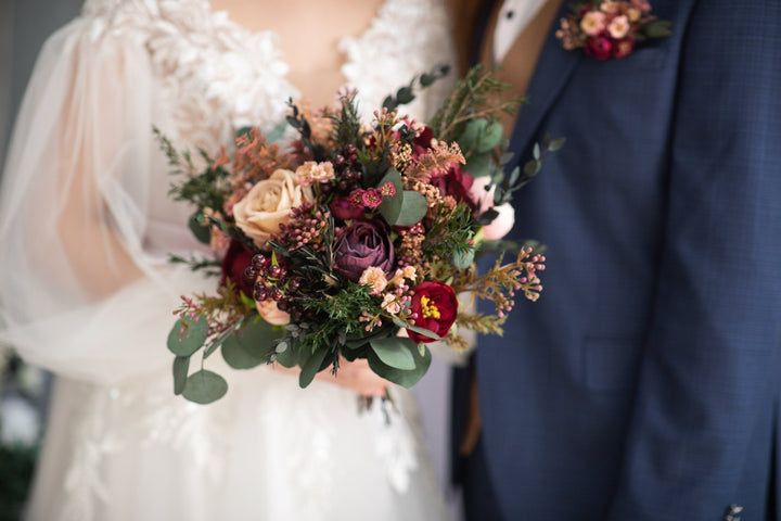 Burgundy Eucalyptus Wedding Bouquet: Dark Red Peony Roses, Autumn Floral – handmade floral hair accessory by magaela