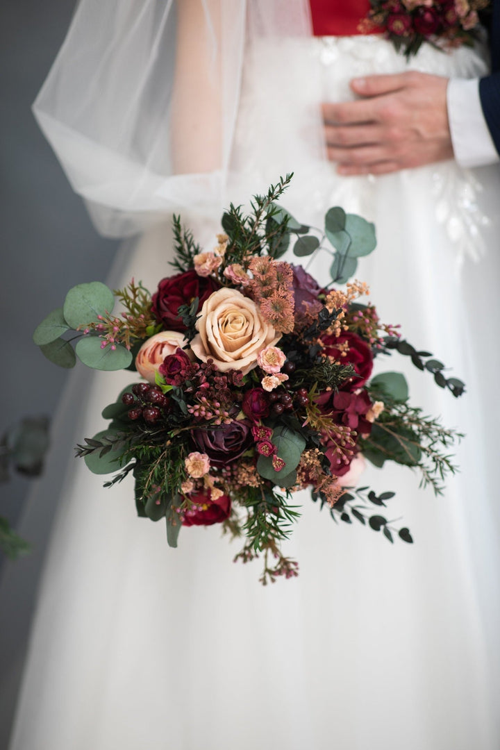 Burgundy Eucalyptus Wedding Bouquet: Dark Red Peony Roses, Autumn Floral – handmade floral hair accessory by magaela