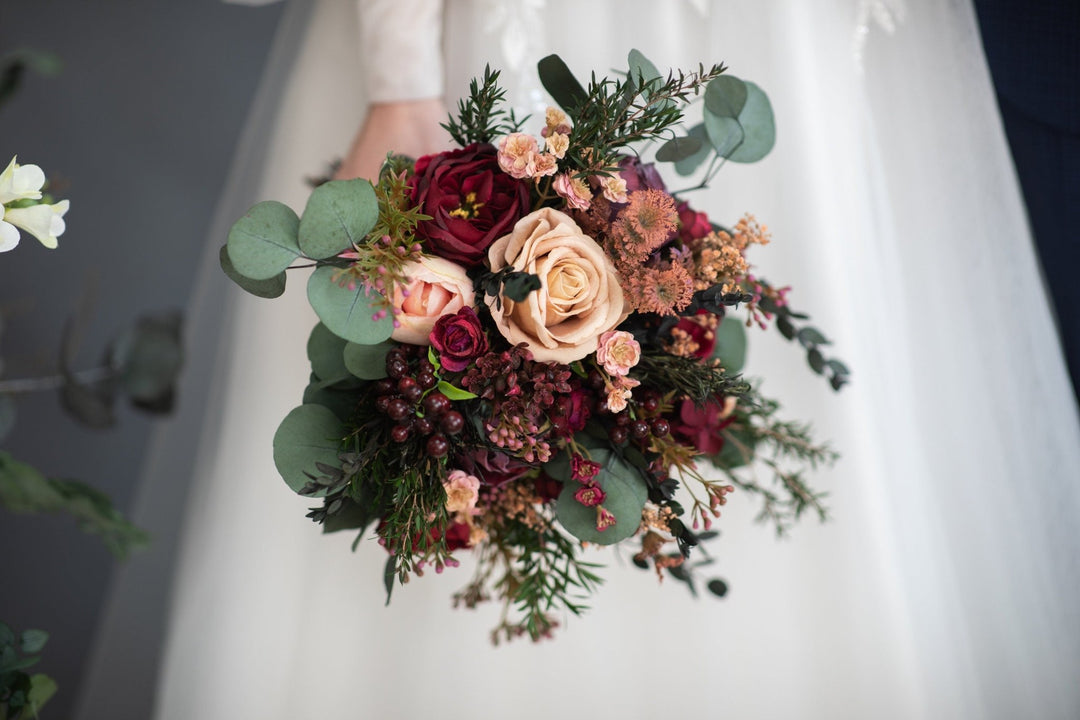 Burgundy Eucalyptus Wedding Bouquet: Dark Red Peony Roses, Autumn Floral – handmade floral hair accessory by magaela