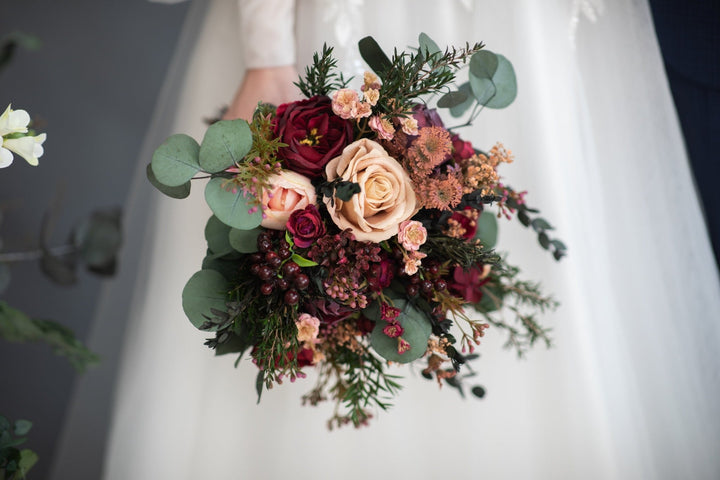 Burgundy Eucalyptus Wedding Bouquet: Dark Red Peony Roses, Autumn Floral – handmade floral hair accessory by magaela