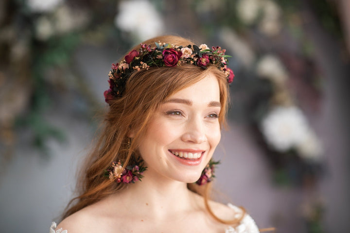 Burgundy Flower Half Wreath: Wedding Crown Headpiece – handmade floral hair accessory by magaela