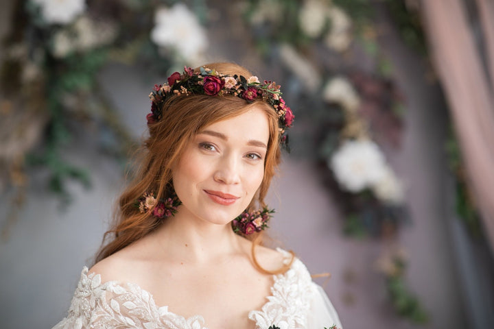 Burgundy Flower Half Wreath: Wedding Crown Headpiece – handmade floral hair accessory by magaela