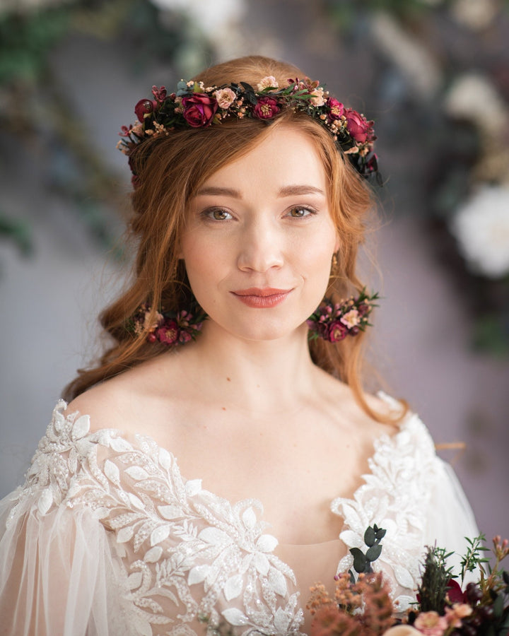 Burgundy Flower Half Wreath: Wedding Crown Headpiece – handmade floral hair accessory by magaela