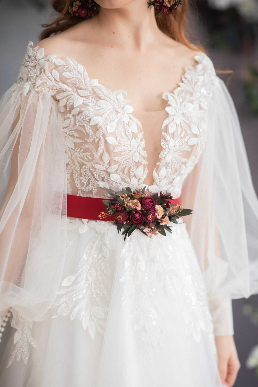 Burgundy Flower Wedding Belt: Dark Pink Bridal Sash – handmade floral hair accessory by magaela