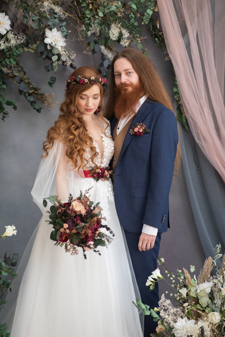 Burgundy Flower Wedding Belt: Dark Pink Bridal Sash – handmade floral hair accessory by magaela